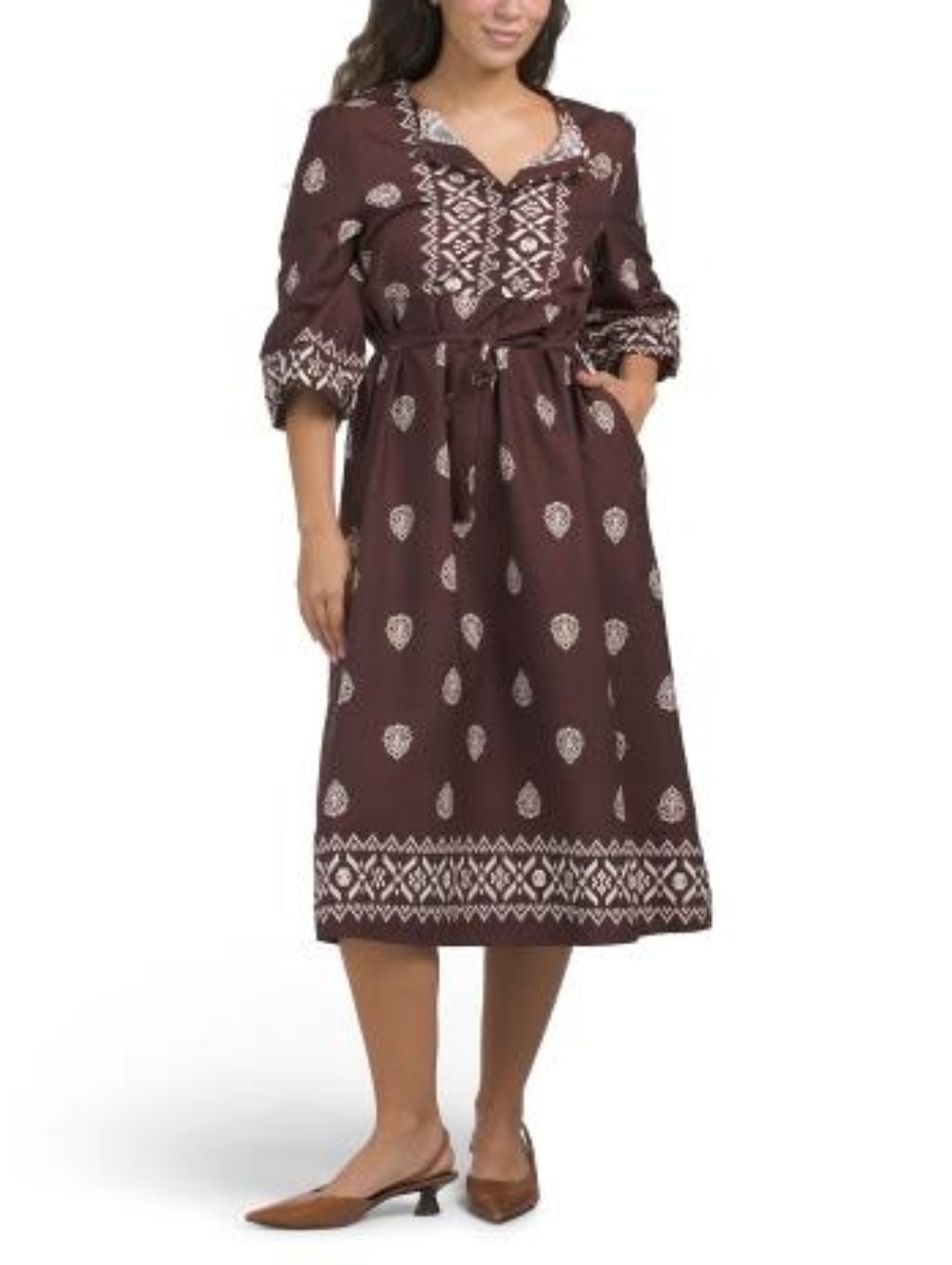 NWT - Spighe Di Lino Italy Cotton Long Sleeve  Brown Print Midi Dress - Size L
